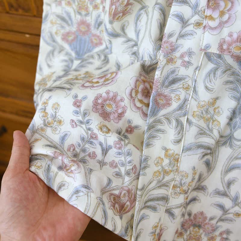 Floral Cotton Gauze Kimono Robe with Pocket