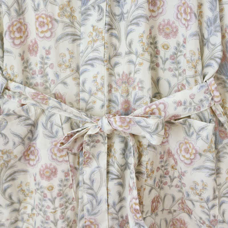 Floral Cotton Gauze Kimono Robe with Pocket