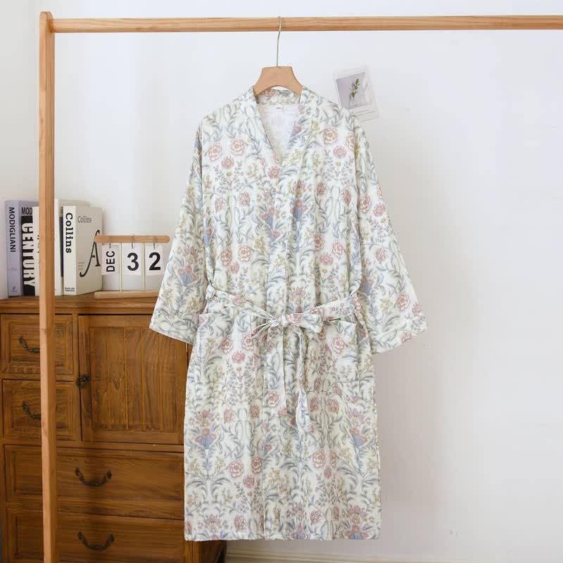 Floral Cotton Gauze Kimono Robe with Pocket