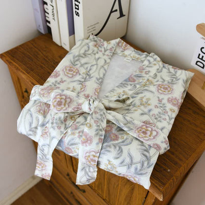Floral Cotton Gauze Kimono Robe with Pocket