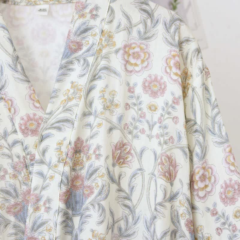 Floral Cotton Gauze Kimono Robe with Pocket
