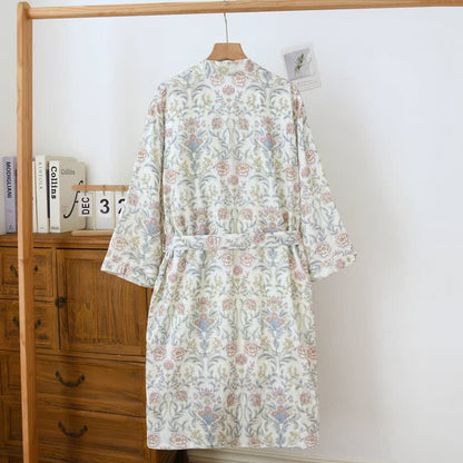 Floral Cotton Gauze Kimono Robe with Pocket