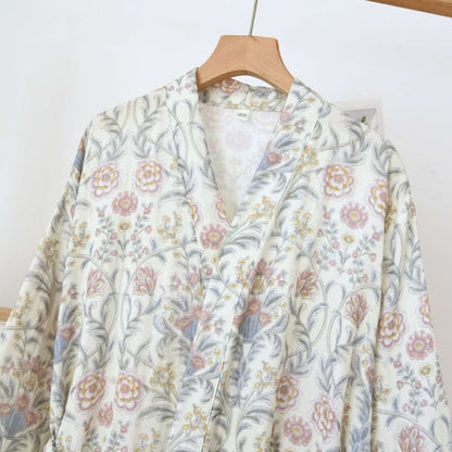 Floral Cotton Gauze Kimono Robe with Pocket