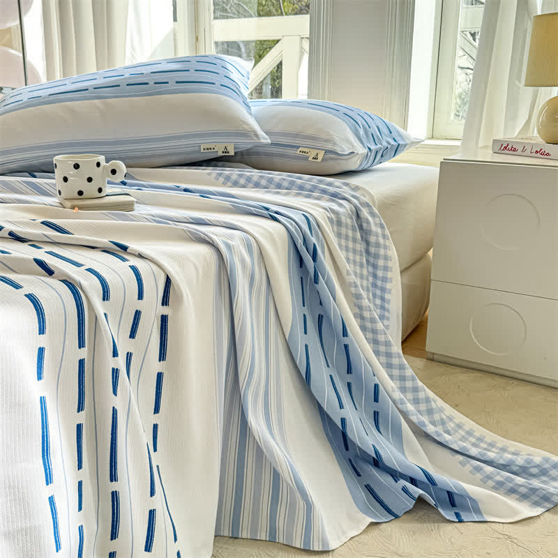 Blue Mixed Stripe & Gingham Cotton Bedspread