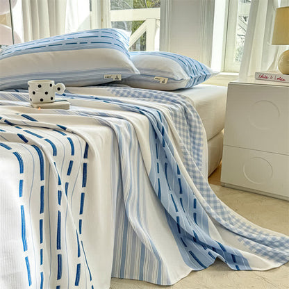 Blue Mixed Stripe & Gingham Cotton Bedspread