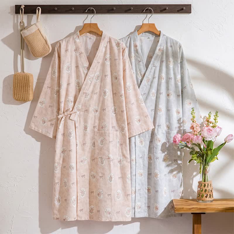 Framed Rose & Bow Cotton Kimono Robe