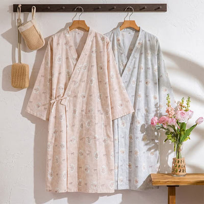 Framed Rose & Bow Cotton Kimono Robe