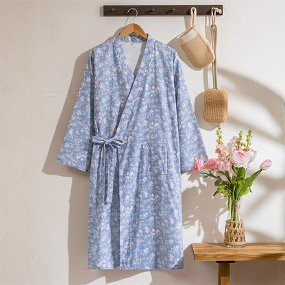 Rustic Blue Floral Cotton Kimono Robe