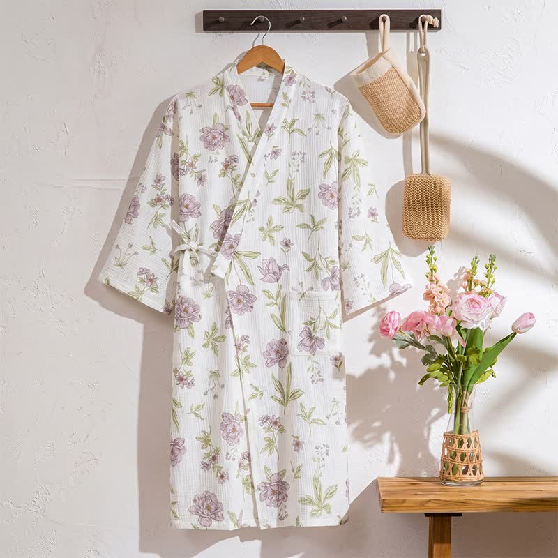 Violet Floral Cotton Kimono Robe