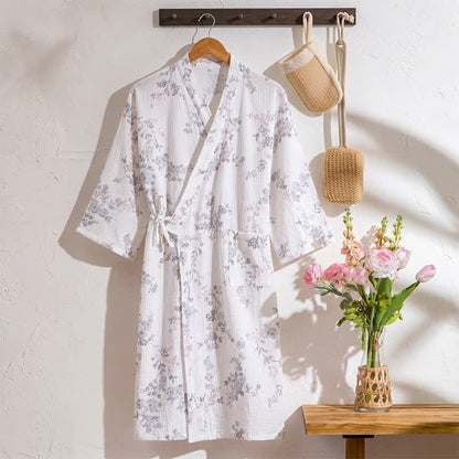 Elegant Purple Floral Cotton Kimono Robe