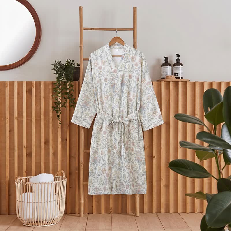 Floral Cotton Gauze Kimono Robe with Pocket