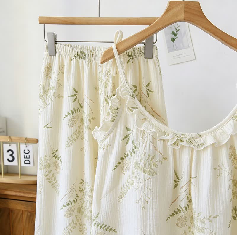 Ruffled Botanical Leaf Cotton Cami Pajamas