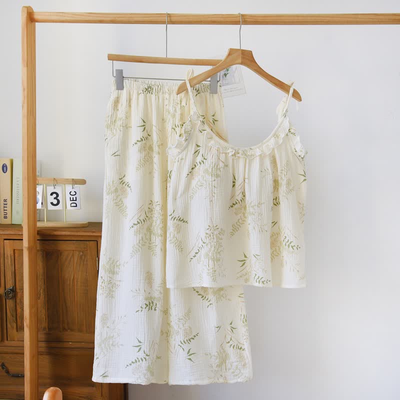 Ruffled Botanical Leaf Cotton Cami Pajamas