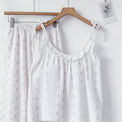 Ruffled Striped Floral Cotton Cami Pajamas