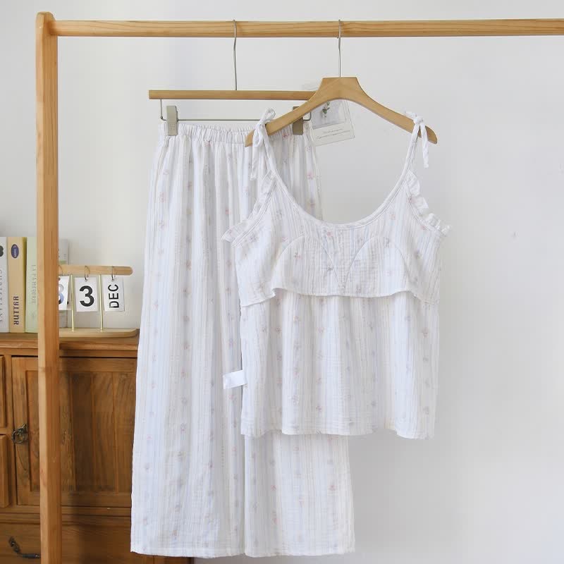 Ruffled Striped Floral Cotton Cami Pajamas
