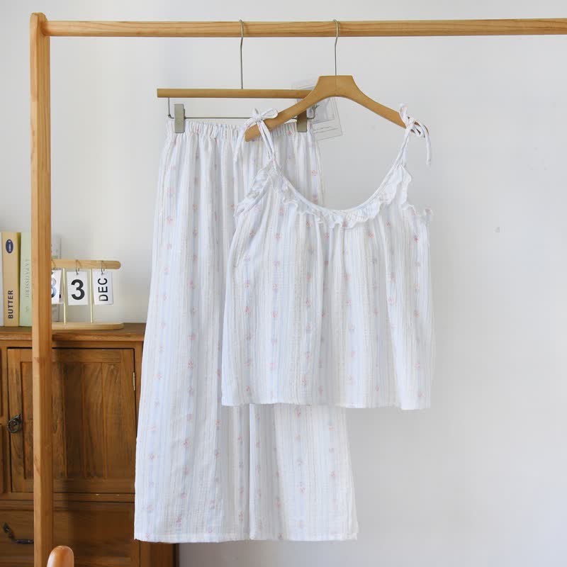 Ruffled Striped Floral Cotton Cami Pajamas