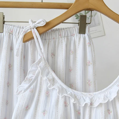 Ruffled Striped Floral Cotton Cami Pajamas