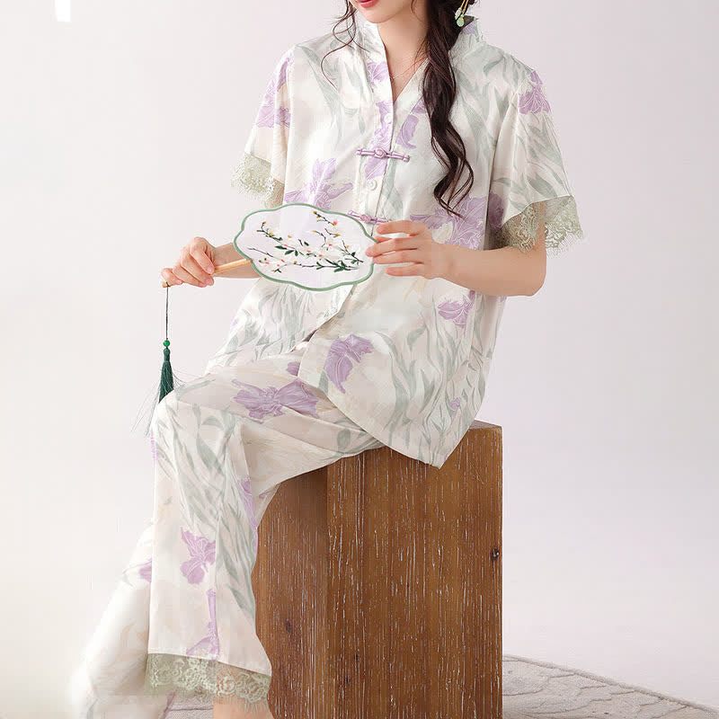 Floral Mandarin Collar Women's Loungewear Set