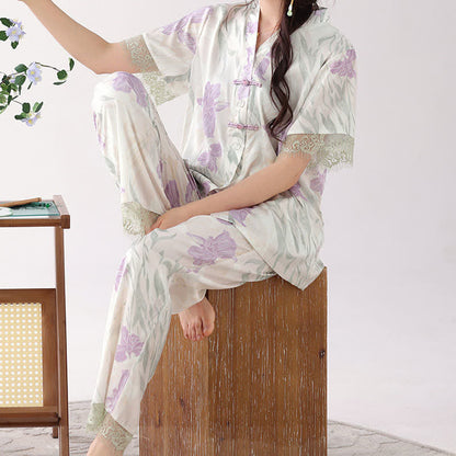Floral Mandarin Collar Women's Loungewear Set