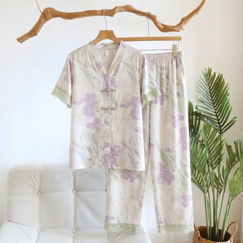 Floral Mandarin Collar Women's Loungewear Set