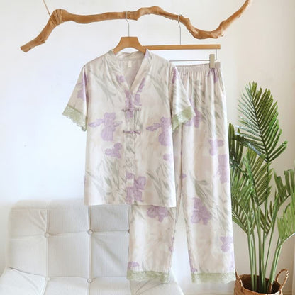 Floral Mandarin Collar Women's Loungewear Set