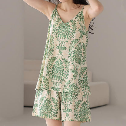Vintage Green Patterm Sleeveless Women's Pajamas