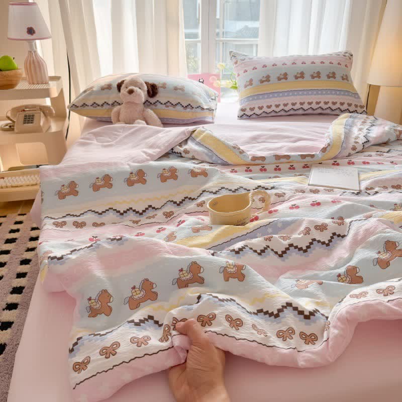 Pink Bow Bear Washed Cotton Bedding Set