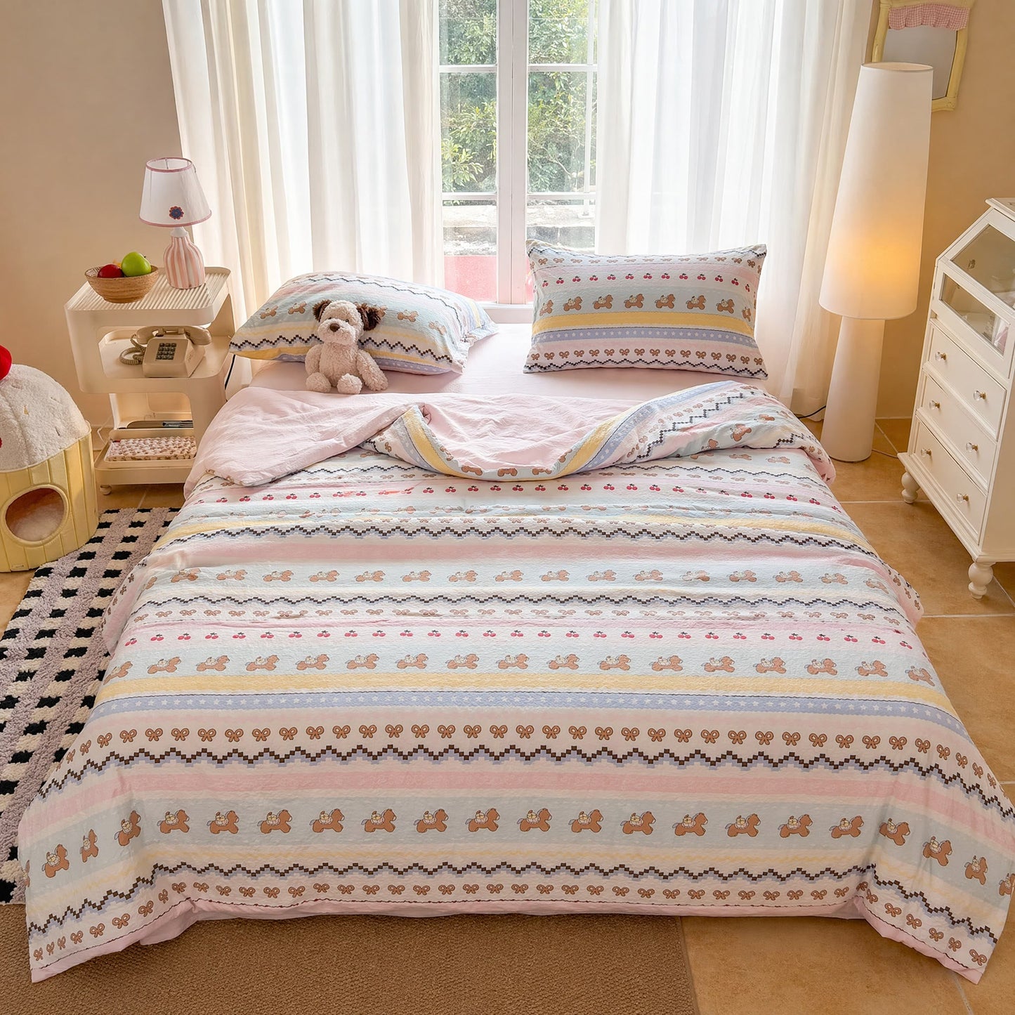 Pink Bow Bear Washed Cotton Bedding Set