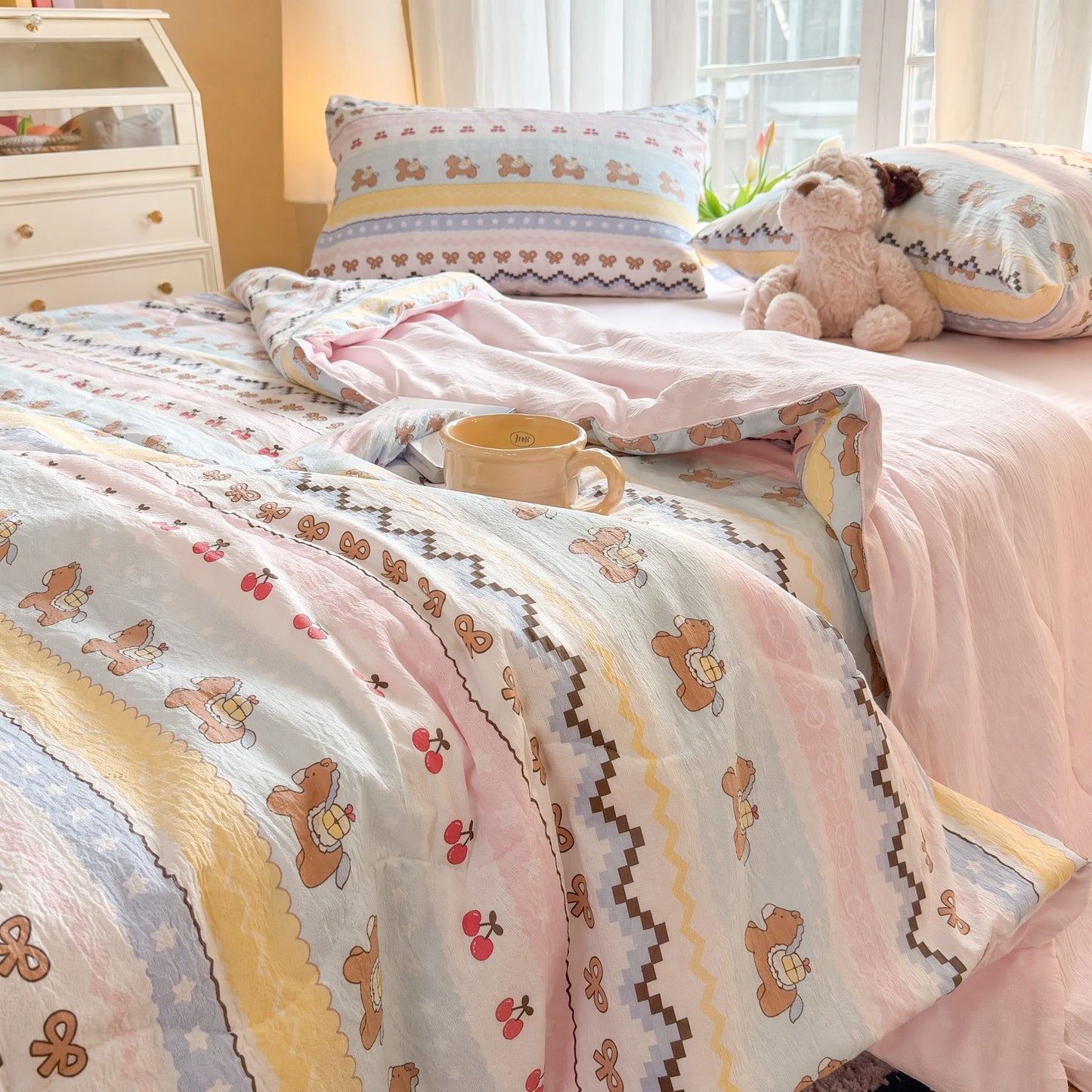 Pink Bow Bear Washed Cotton Bedding Set