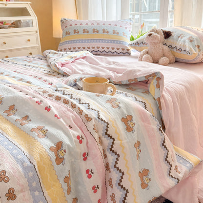 Pink Bow Bear Washed Cotton Bedding Set