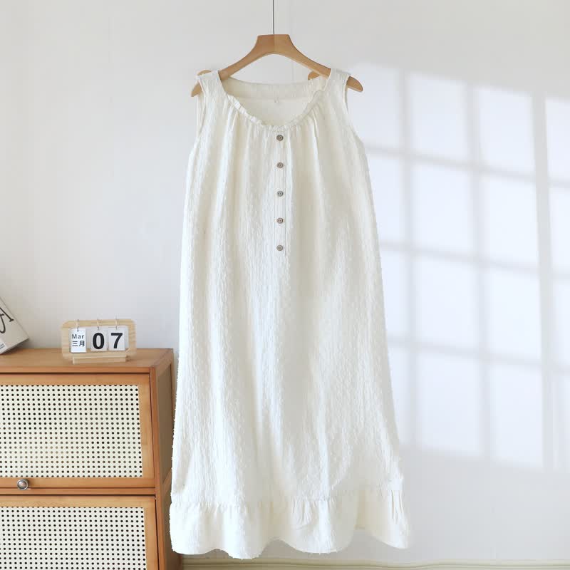 White Cotton Textured Sleeveless Lounge Dress