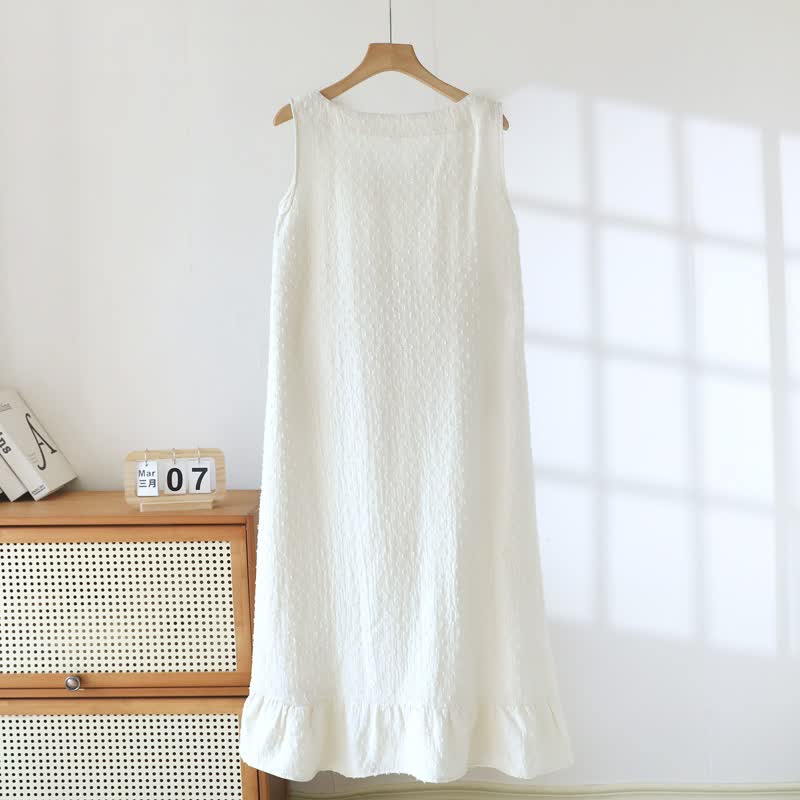 White Cotton Textured Sleeveless Lounge Dress