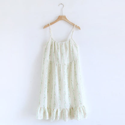 Fresh Floral Leaf Cotton Ruffle Nightgown