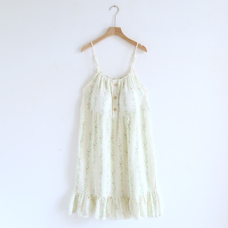 Fresh Floral Leaf Cotton Ruffle Nightgown