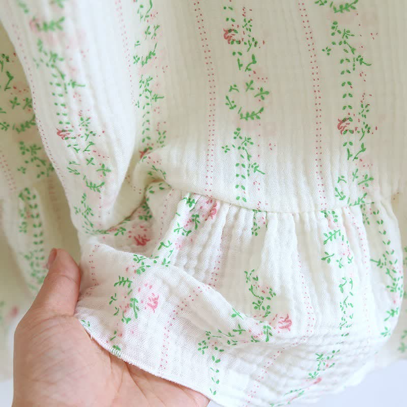 Fresh Floral Leaf Cotton Ruffle Nightgown