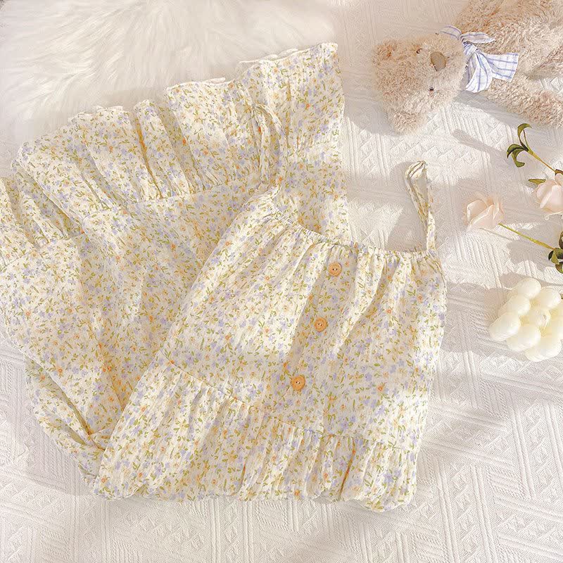 Floral & Leaf Cotton Ruffle Lounge Dress