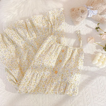 Floral & Leaf Cotton Ruffle Lounge Dress