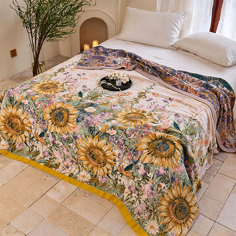 Vintage Sunflower Cotton Gauze Blanket Quilt