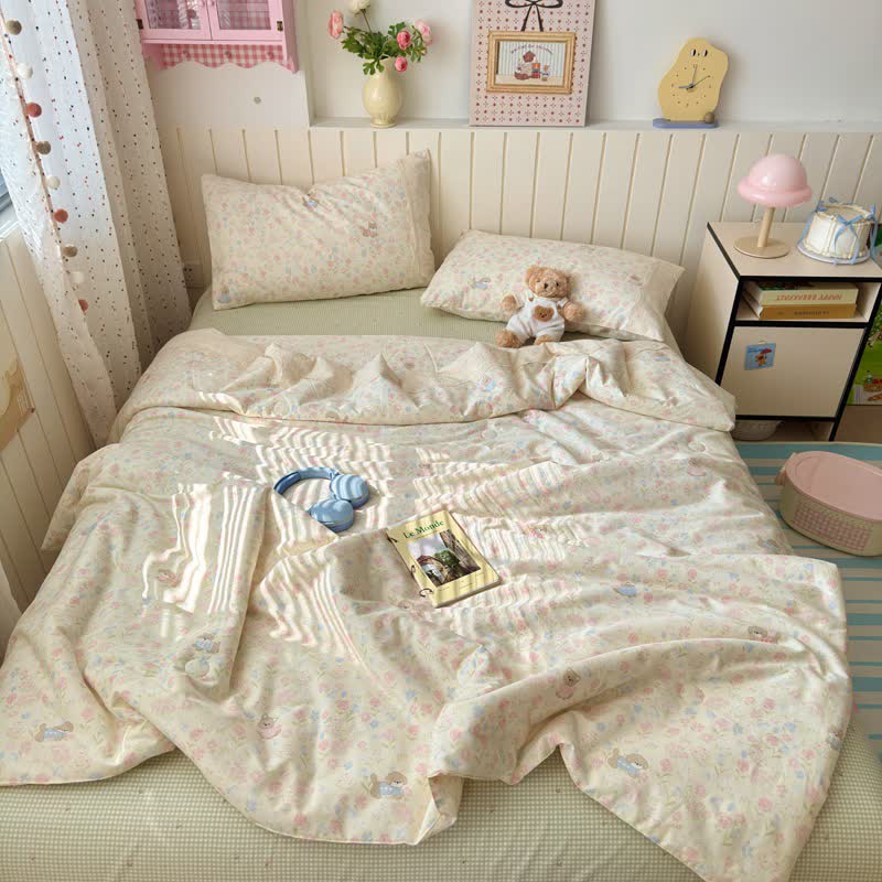 Cream Floral Lace Trim Cotton Bedding Set