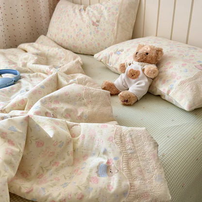 Cream Floral Lace Trim Cotton Bedding Set
