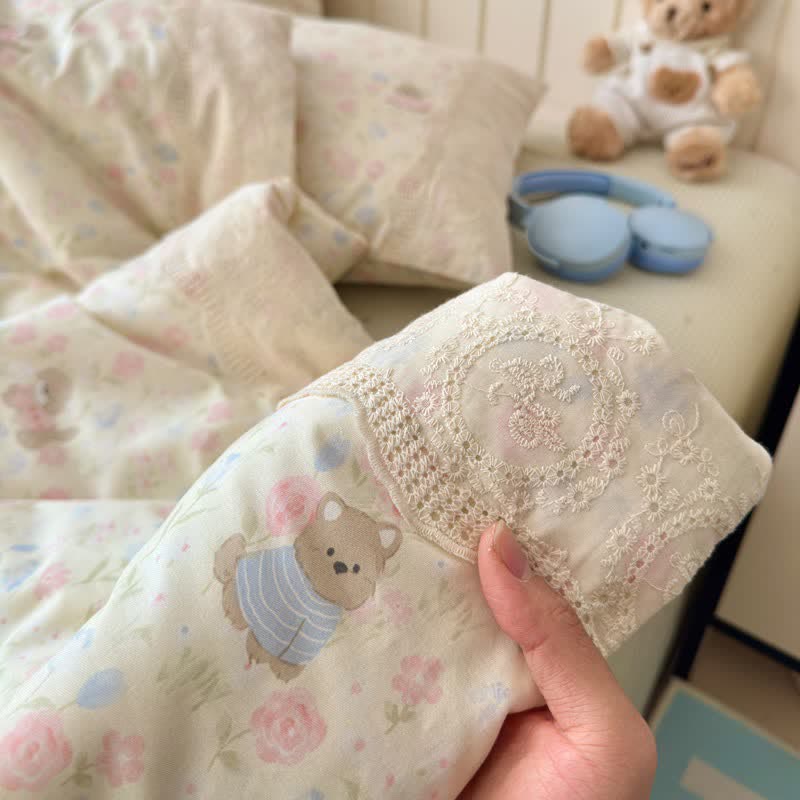 Cream Floral Lace Trim Cotton Bedding Set