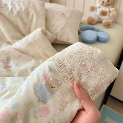 Cream Floral Lace Trim Cotton Bedding Set
