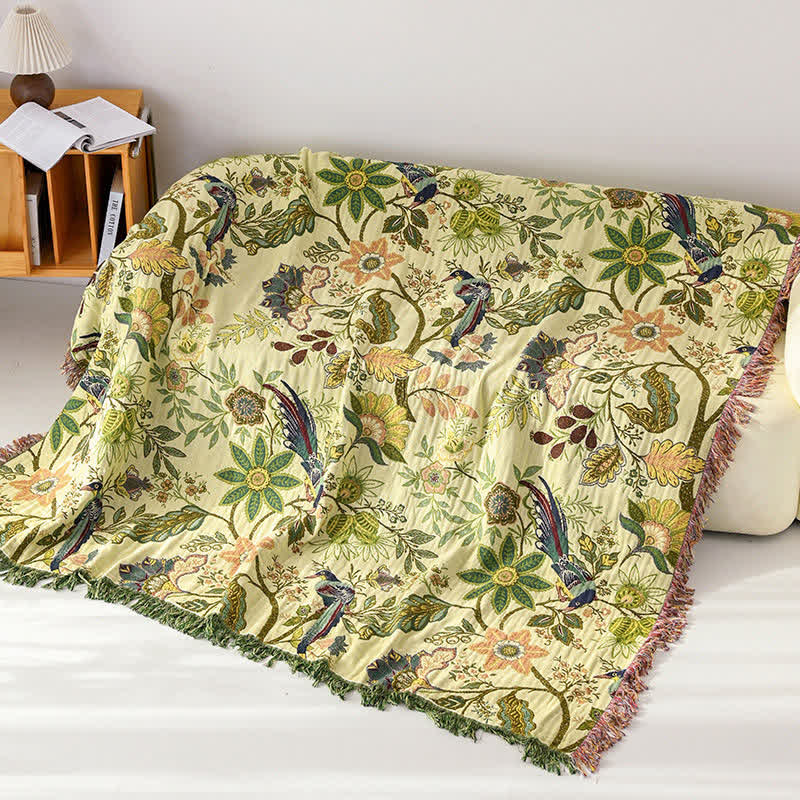Reversible Floral & Bird Muslin Bedspread Quilt