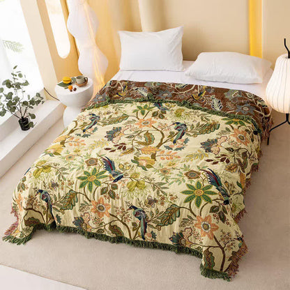 Reversible Floral & Bird Muslin Bedspread Quilt
