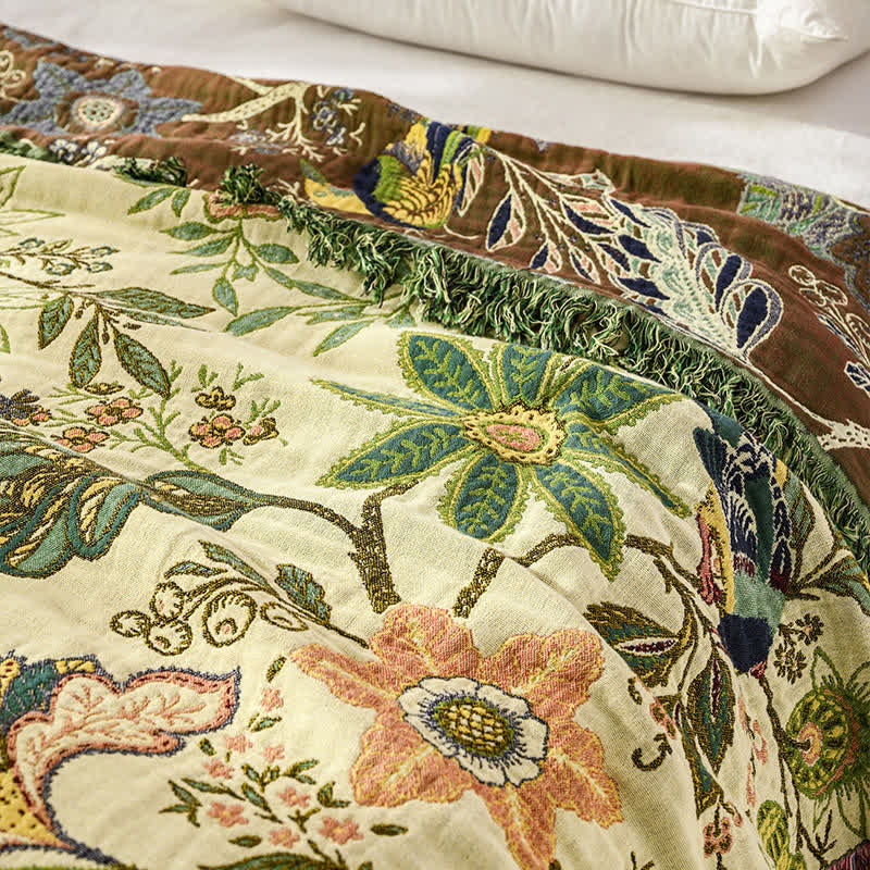 Reversible Floral & Bird Muslin Bedspread Quilt