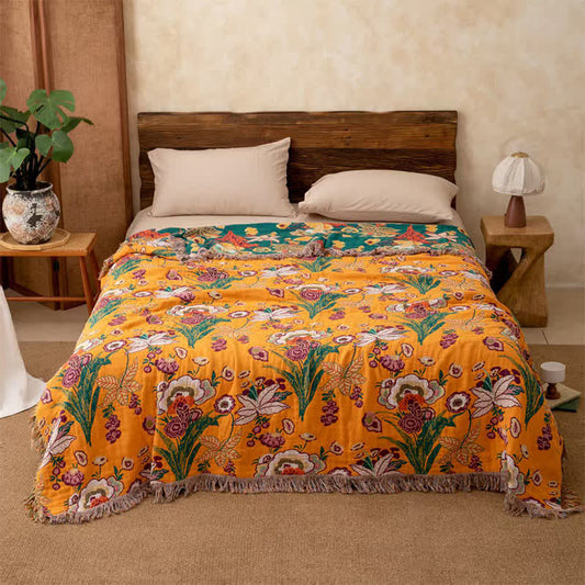 Boho Reversible Cotton GauzeTassel Blanket Quilt