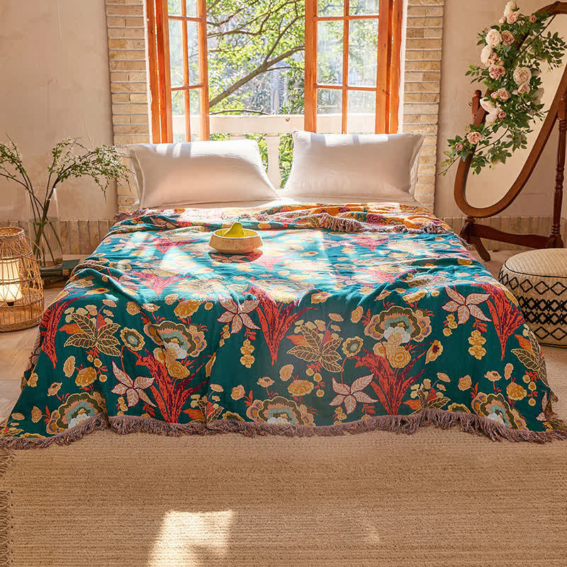 Boho Reversible Cotton GauzeTassel Blanket Quilt