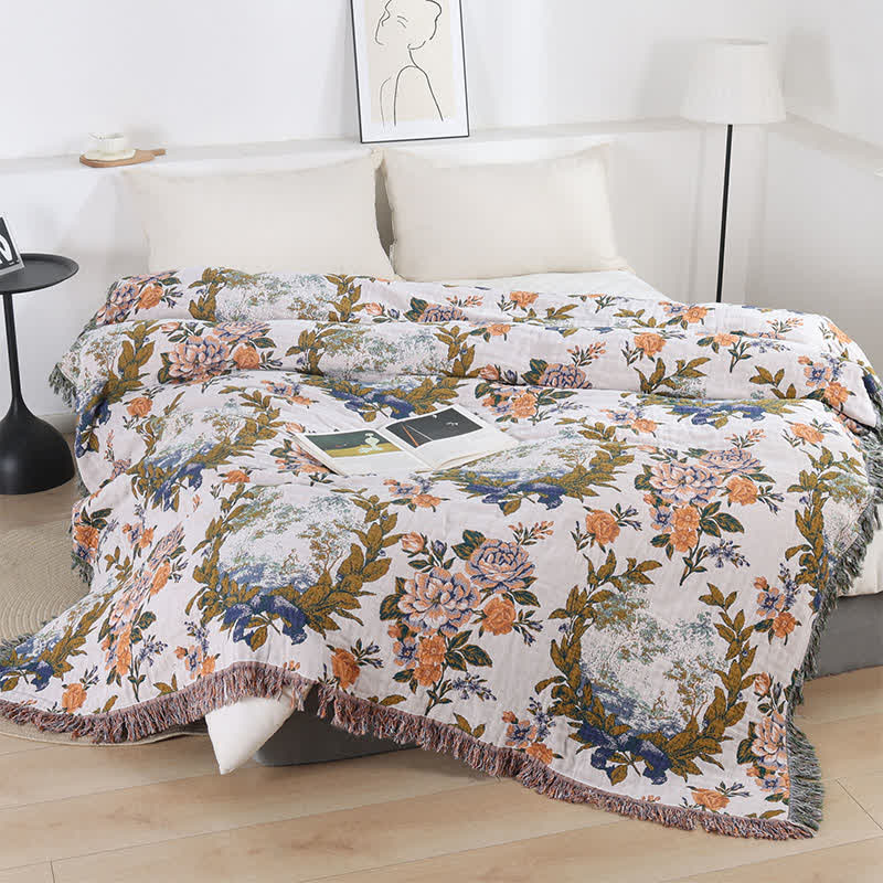 4-Layer Cotton Gauze Baroque Floral Bedspread Quilt