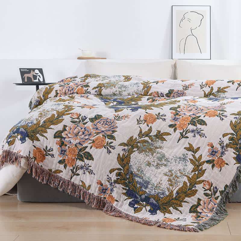 4-Layer Cotton Gauze Baroque Floral Bedspread Quilt