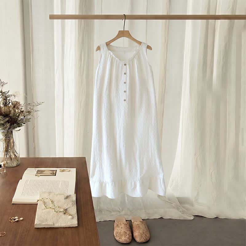 White Cotton Textured Sleeveless Lounge Dress